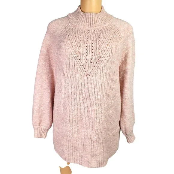 Blush Pink Pointelle Knit Mock Neck Oversized Sweater Soft Wool Blend Medium LC - Picture 2 of 10